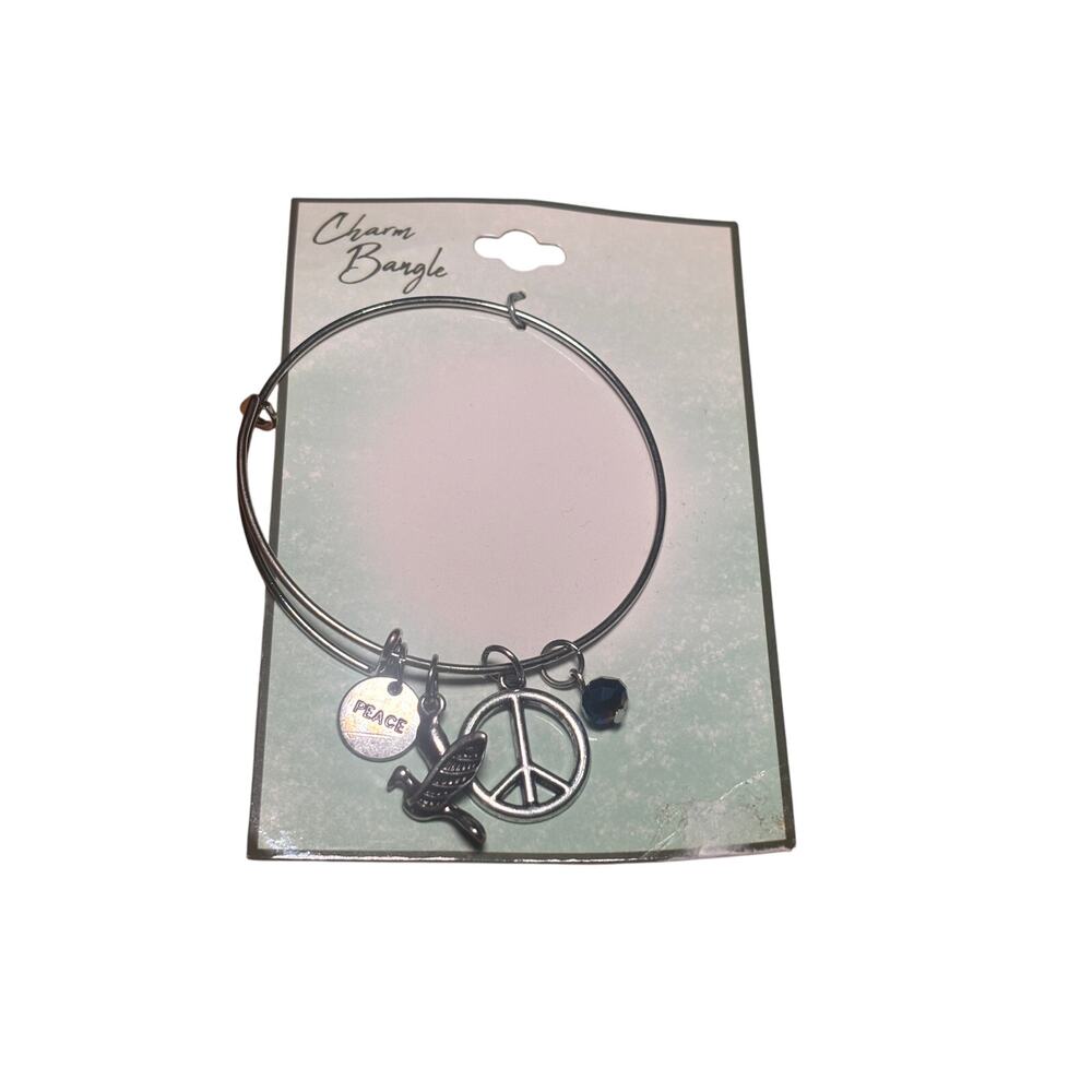 NWT Charm Bangle Bracelet Peace Sign Bird Blue Bead Adjustable Silver‎ Tone